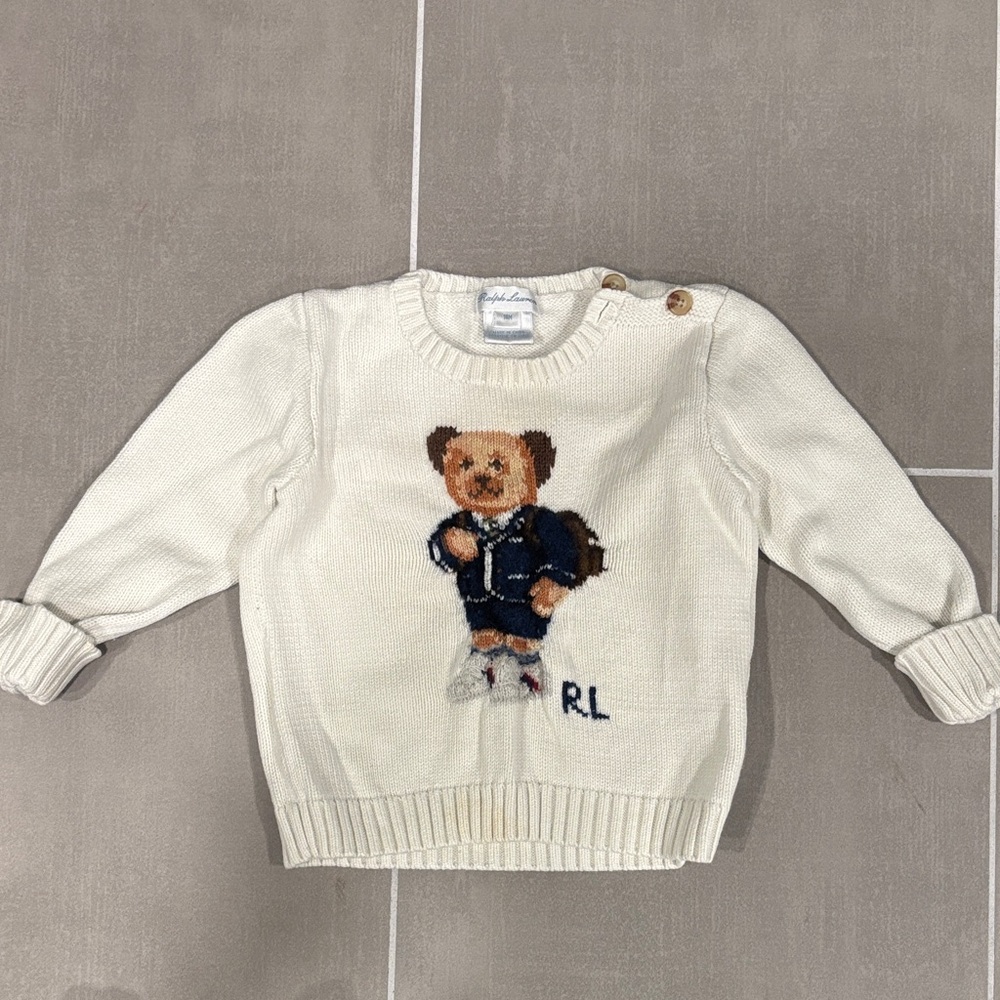 Ralph Lauren Baby White Sweater with Polo Bear Backpack Design, 18mos